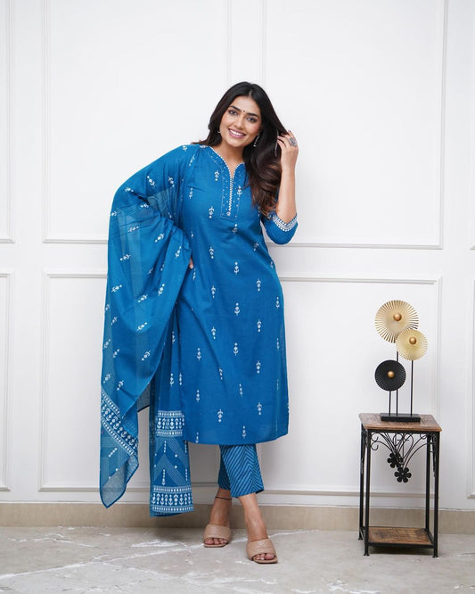 Light Blue Cotton Printed Suit