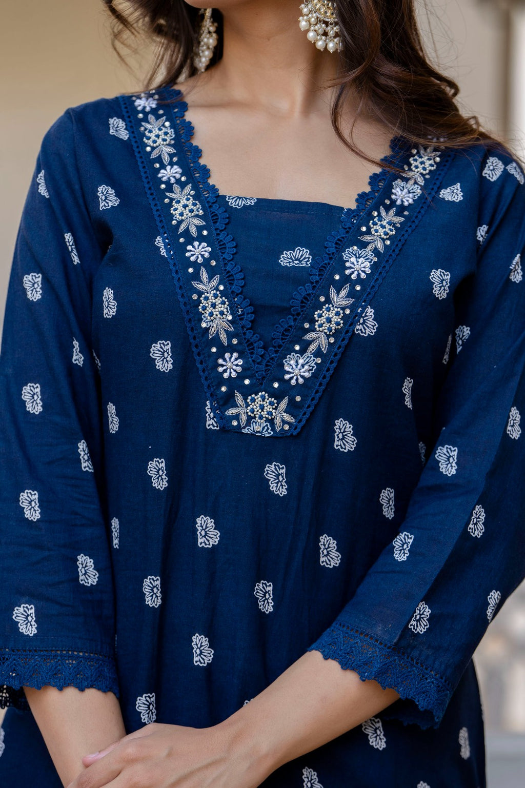 Navy Blue Suit Set with Hand Work and Lace Detailing