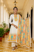 White & Yellow Muslin Printed 3-Piece Suit Set with Self Work