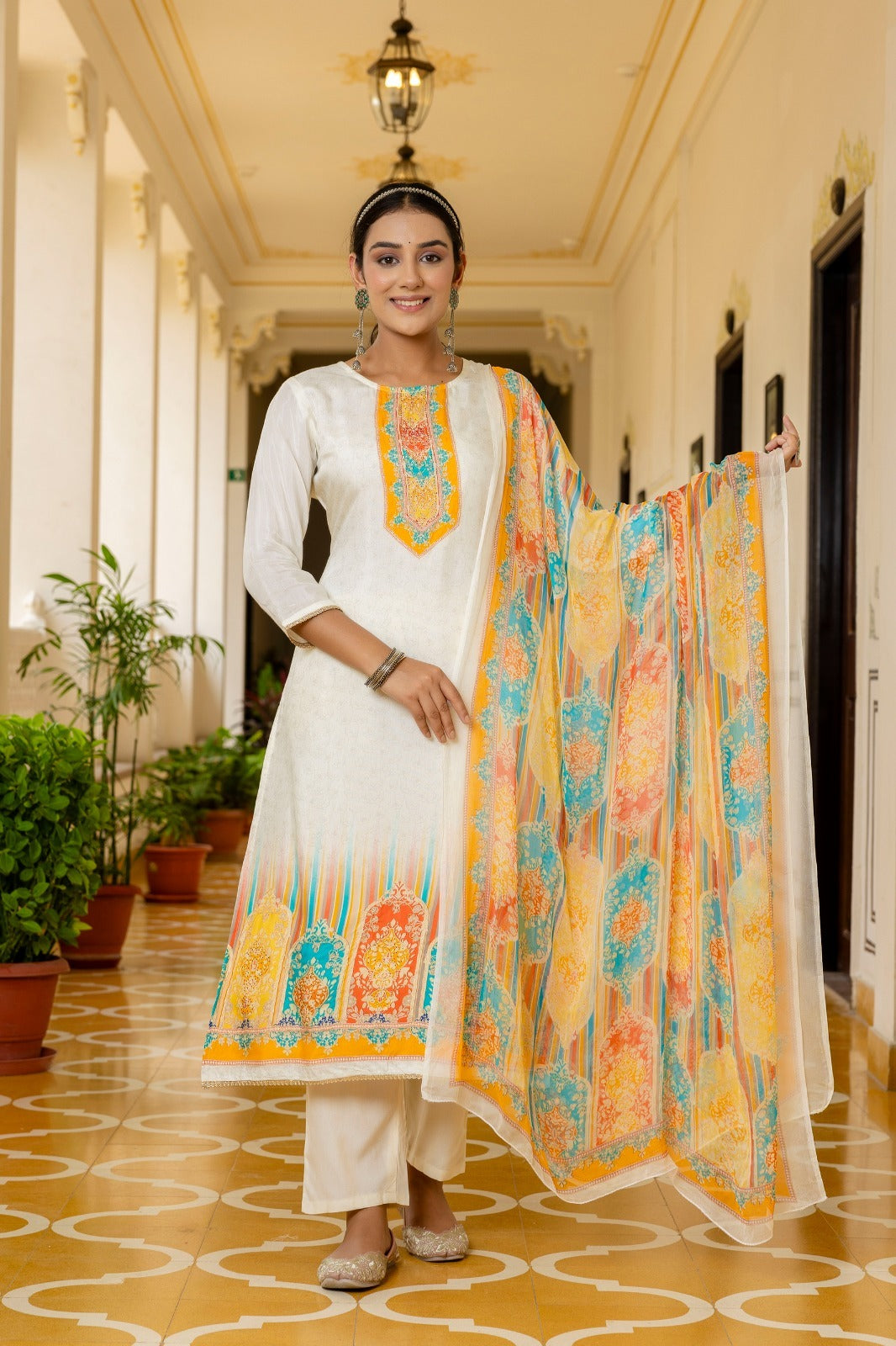 White & Yellow Muslin Printed 3-Piece Suit Set with Self Work