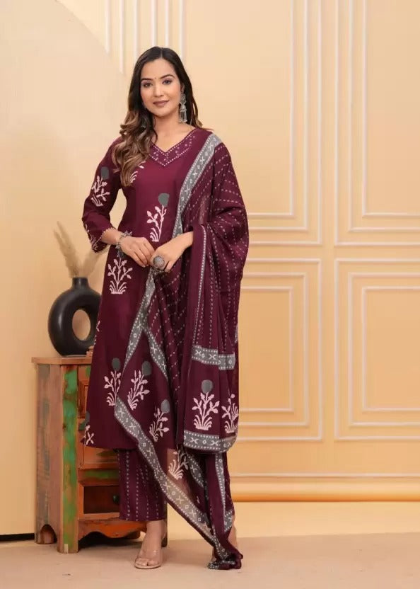 Maroon Pure Cotton Printed suit